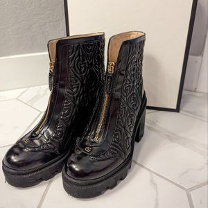 Gucci Black New Gg Supreme Logo Rhombus Leather Ankle Boots/Booties